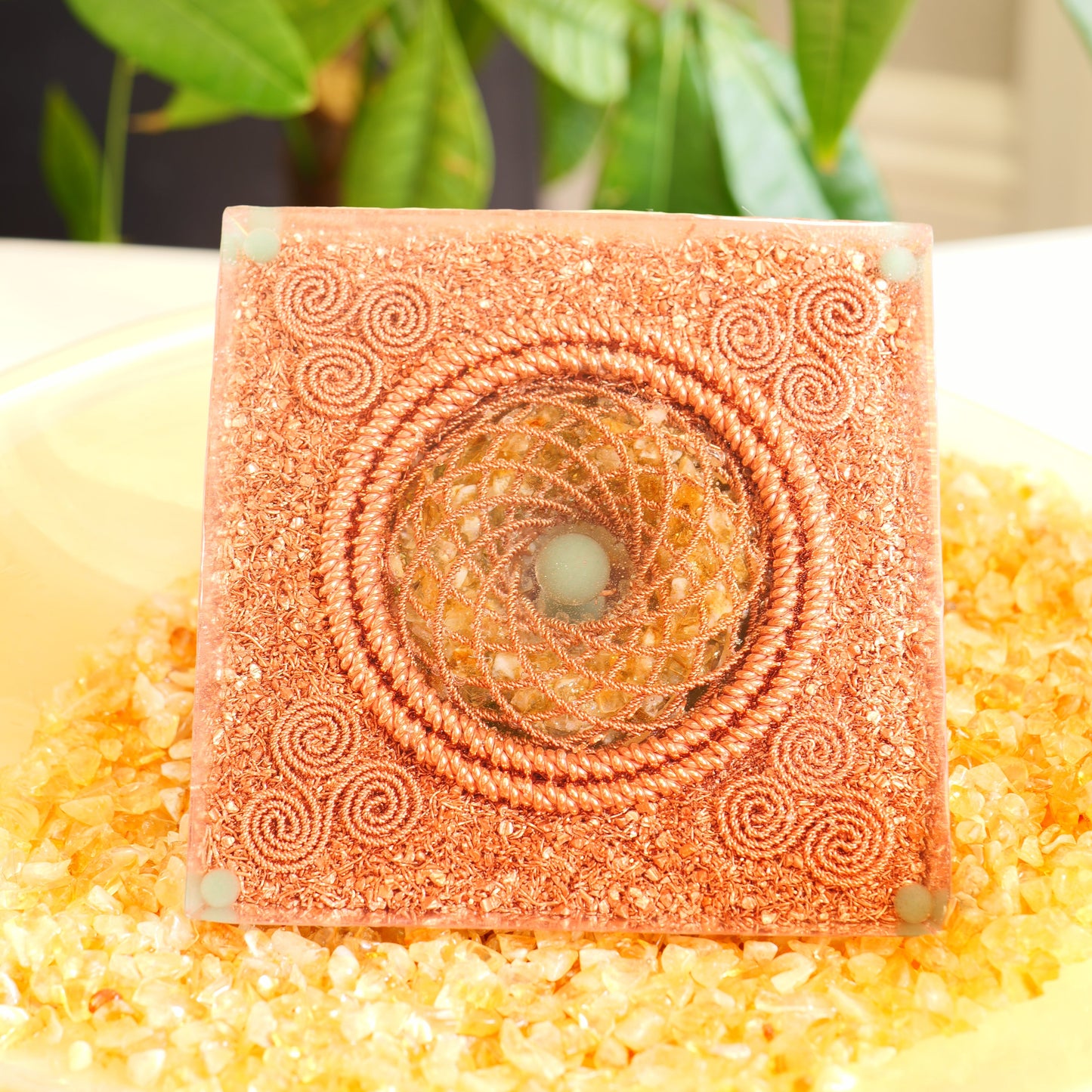 Wealth & Luck Orgonite Pyramid - Peridot & Citrine Torus