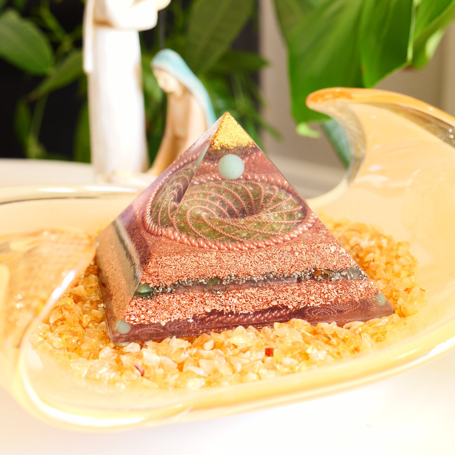 Wealth & Luck Orgonite Pyramid - Peridot & Citrine Torus