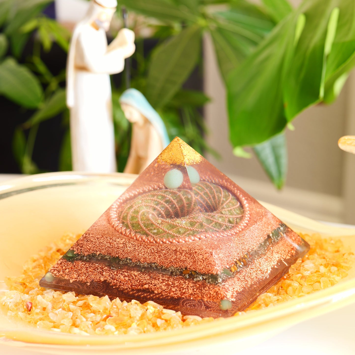 Wealth & Luck Orgonite Pyramid - Peridot & Citrine Torus