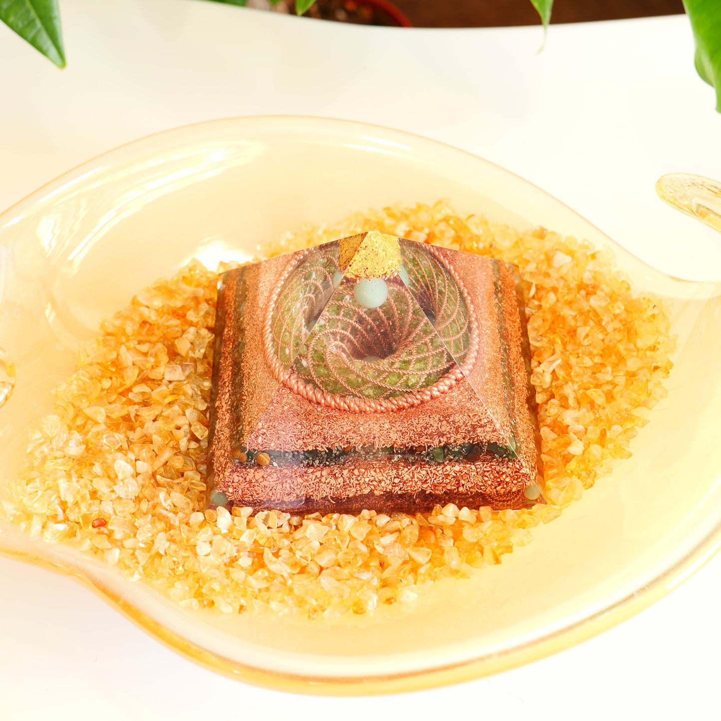 Wealth & Luck Orgonite Pyramid - Peridot & Citrine Torus