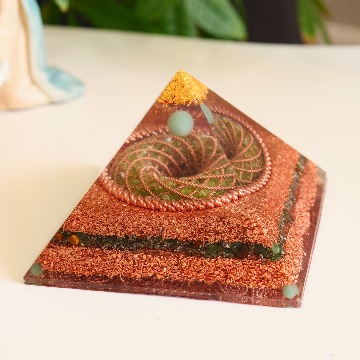 Wealth & Luck Orgonite Pyramid - Peridot & Citrine Torus