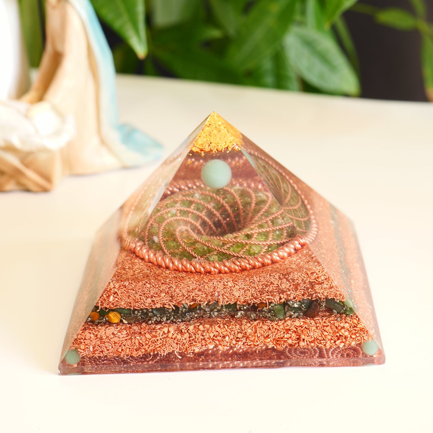 Wealth & Luck Orgonite Pyramid - Peridot & Citrine Torus