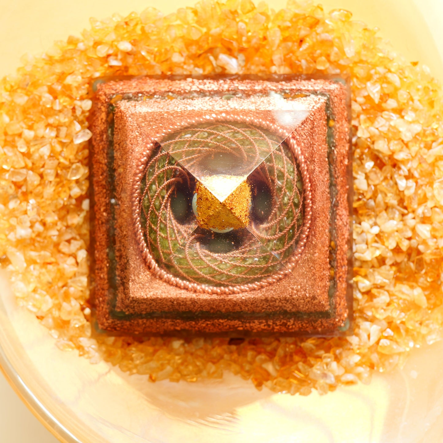 Wealth & Luck Orgonite Pyramid - Peridot & Citrine Torus